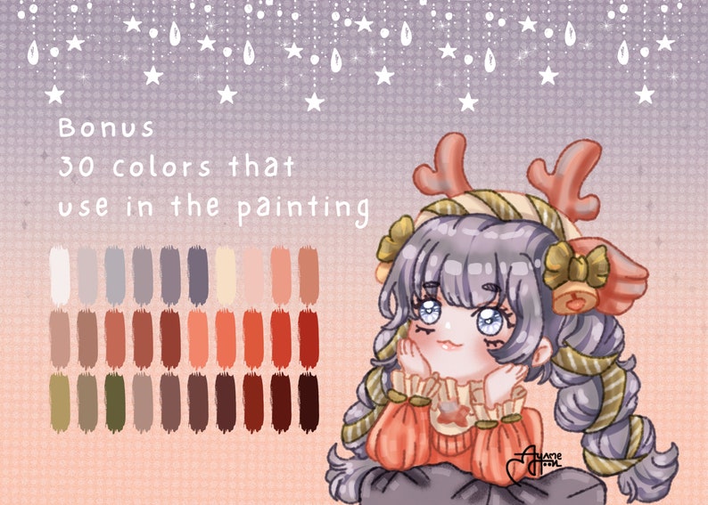 Puede incluir: Ilustraci&oacute;n digital de un personaje de estilo anime con cabello gris y una diadema festiva con cuernos. La imagen incluye una paleta de 30 colores y el texto "Bonus 30 colors that use in the painting".
