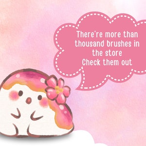 May include: A pink cartoon character with a flower on its head is talking about a store with over a thousand brushes. The speech bubble says "There're more than thousand brushes in the store Check them out".