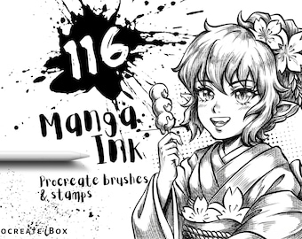 116 Procreate Manga Ink Brushes: Splatter, Halftone, Crosshatch, Speech box stamps
