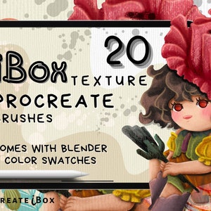 Könnte beinhalten: Eine digitale Illustration eines Tablet-Bildschirms, auf dem ein Satz von 20 Procreate-Pinseln mit einem fantasievollen Feen-Charakter angezeigt wird. Der Text auf dem Bildschirm lautet "iBox Texture Procreate Brushes" und "Comes with Blender & Color Swatches".