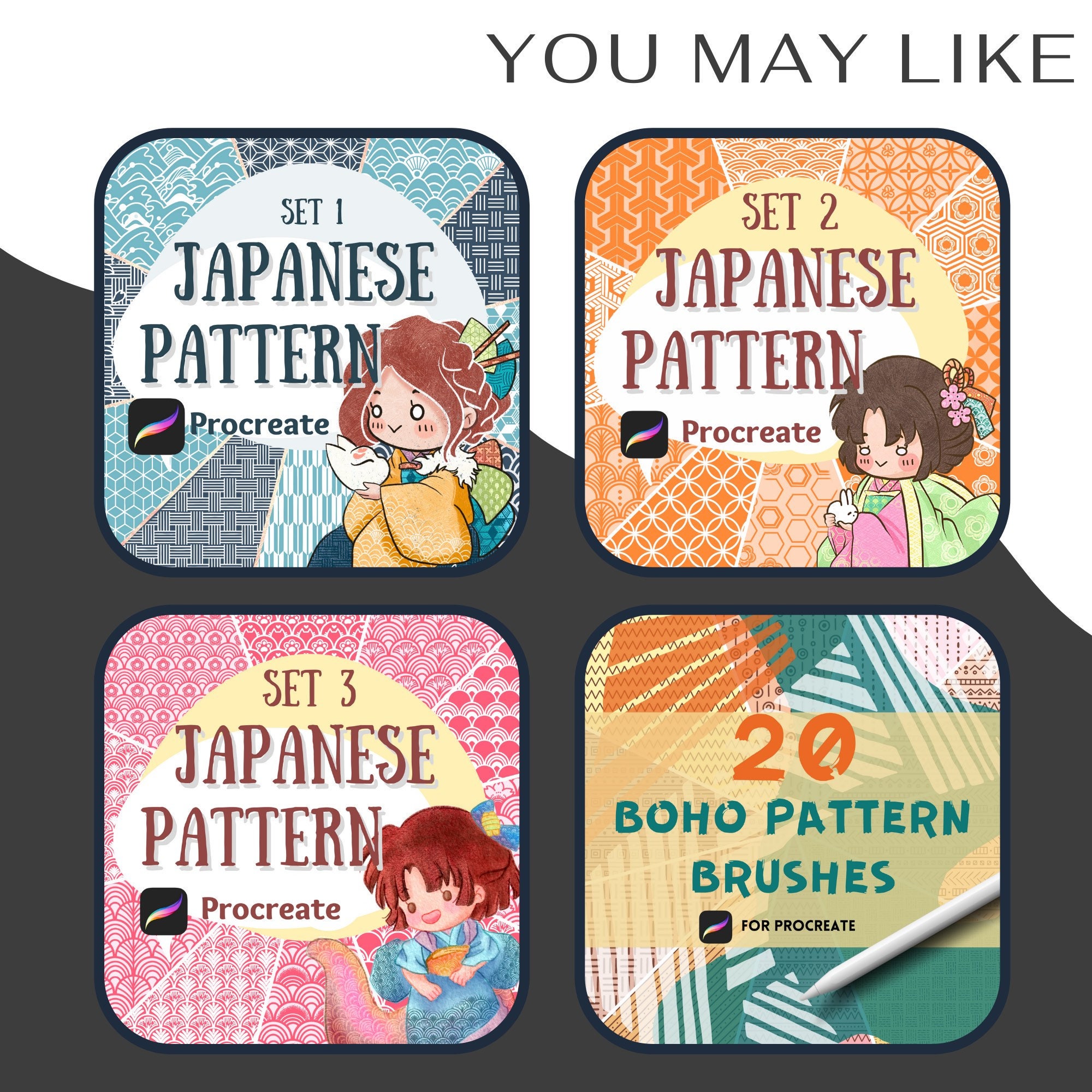 Japanese Procreate Pattern Brush Set: Geometric Seamless Brushes, Asian ...
