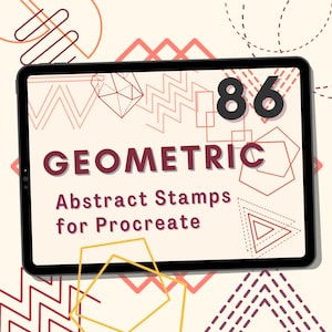 May include: A digital tablet screen displaying a graphic design of 86 geometric abstract stamps for Procreate. The design features a variety of geometric shapes in red, brown, and gold on a cream background.