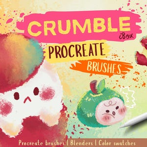 Puede incluir: Gráfico de arte digital con el texto "CRUMBLE Procreate BRUSHES" en rosa, amarillo y naranja. La imagen presenta manzanas de dibujos animados y un lápiz óptico, con las palabras "Procreate brushes | Blenders | Color swatches" en la parte inferior.