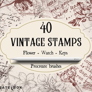 May include: A set of 40 vintage stamps for Procreate, featuring flowers, watches, and keys. The stamps are in a beige and brown color scheme with a vintage aesthetic.