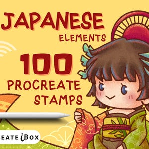 Puede incluir: Una ilustración digital de un personaje de dibujos animados lindo con un sol rojo y un diseño floral verde y azul. El texto "JAPANESE ELEMENTS 100 PROCREATE STAMPS" se muestra sobre un fondo amarillo.