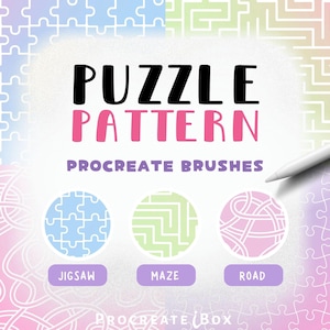 May include: Digital graphic with the text "PUZZLE PATTERN" in black and pink, and "PROCREATE BRUSHES" below. Features jigsaw, maze, and road pattern designs in circles, and a white stylus. The background is a gradient of pastel colours.