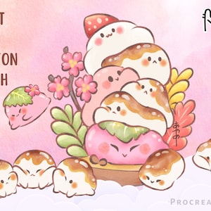 May include: A set of pink and white mochi characters with brown icing, surrounded by pink cherry blossoms and green leaves. The text "PAINT WITH COTTON BRUSH SET" is in the upper left corner. The text "MOCHI MOM" is in the upper right corner. The text "おやつ" is in the lower right corner.