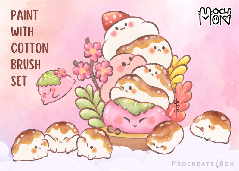 May include: A set of pink and white mochi characters with brown icing, surrounded by pink cherry blossoms and green leaves. The text "PAINT WITH COTTON BRUSH SET" is in the upper left corner. The text "MOCHI MOM" is in the upper right corner. The text "おやつ" is in the lower right corner.