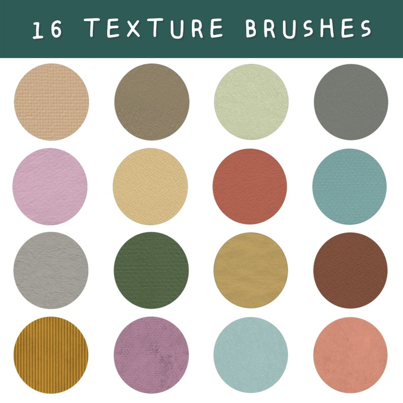 May include: 16 digital texture brushes for creating unique designs. The brushes feature a variety of textures, including linen, canvas, and paper.