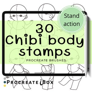 30 Procreate stamps chibi body reference brushes | Procreate guide anime poses | Manga Procreate stamps | Procreate figure brushes