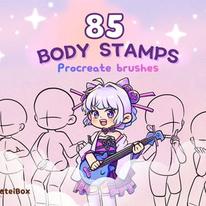 Puede incluir: Una colección digital de 85 sellos corporales para pinceles Procreate que presenta cuatro contornos de personajes en blanco y un personaje central a color de estilo anime con cabello morado que sostiene un instrumento de cuerda azul.