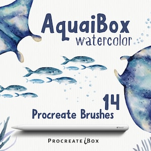 Può includere: Un set di 14 pennelli Procreate ad acquerello con mante, pesci e bolle blu e bianche. Il testo "AquaiBox watercolor" e "Procreate Brushes" è incluso anche nell'immagine.