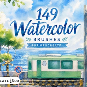 May include: A digital illustration featuring a green train passing by a blue sea, with the text 149 Watercolor Brushes for Procreate and Procreate iBox. The scene includes green trees, a railroad crossing sign, and a blue sky with white clouds.