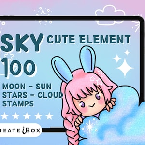 Procreate cute element stamp brushes | 100 Sky element procreate stamps | Moon, Stars, Sun, Cloud stamps