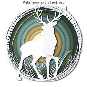 May include: White silhouette of a deer with large antlers standing in the center of a circle of layered green, blue, and yellow paper. The text "Make your art stand out" is at the top of the image.
