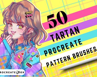 タータンProcreateブラシ：50種類のシームレスパターン、アニメ生地パターン