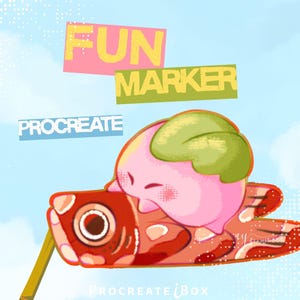 May include: A digital illustration featuring a pink round character with a green top resting on a red and white patterned carp-shaped kite. The text FUN MARKER appears in yellow and pink, with PROCREATE and PROCREATE iBOX in white text.