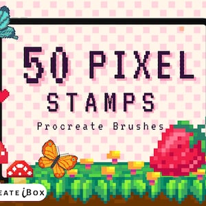 50 Pixelstempels Procreate-penselen | Postzegels voortbrengen | Pixelkunst | Spelontwerp | Pixelstempels | Leuke krabbelstempels