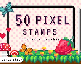 50 sellos kawaii de píxeles: Set de pinceles de píxeles para Procreate (descarga digital)