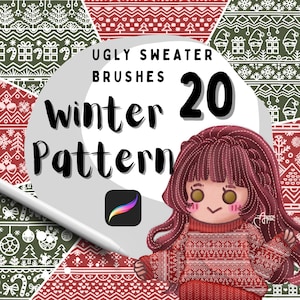 May include: A set of 20 digital brushes for Procreate featuring winter patterns. The brushes are designed to create ugly sweater designs. The image also includes a cartoon illustration of a person wearing a red sweater with a winter pattern.