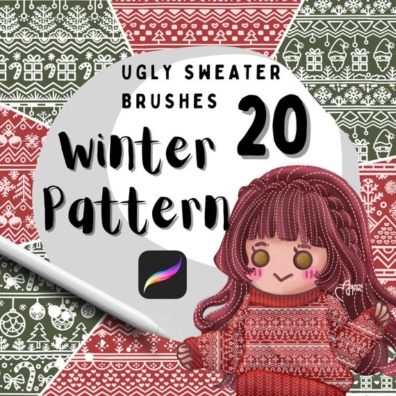 20 Winter Pattern Procreate Brushes: Ugly Sweater Designs seamless patterns