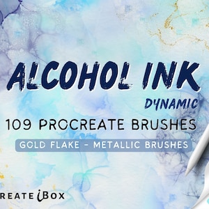 May include: A digital illustration of blue and purple alcohol ink with gold flecks. The text "ALCOHOL INK DYNAMIC 109 PROCREATE BRUSHES GOLD FLAKE - METALLIC BRUSHES" is written in black. The image includes a white stylus and a Procreate iBox logo.