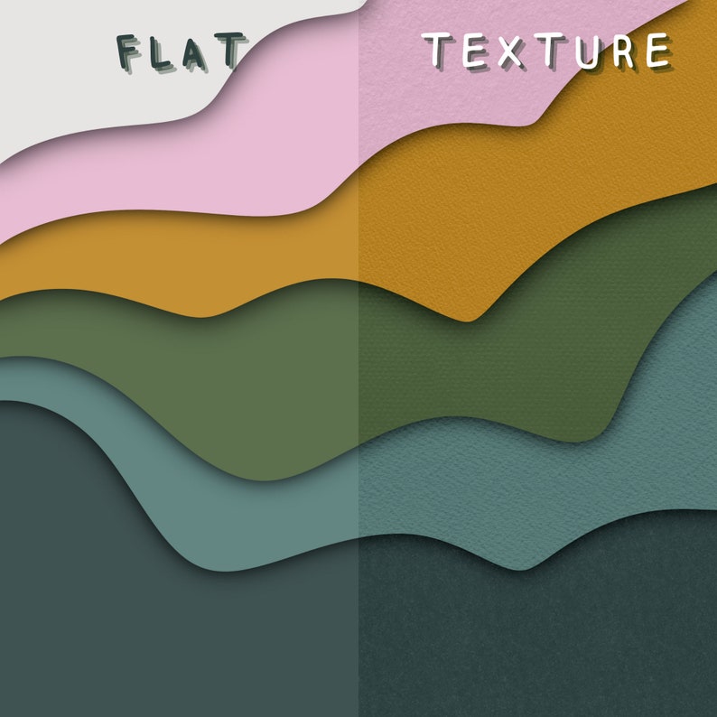 May include: A visual comparison of flat and textured colors. The colors are arranged in a layered, wavy pattern, starting with light pink, then yellow, green, blue, and dark green. The left side shows the flat colors, while the right side shows the same colors with a textured surface.
