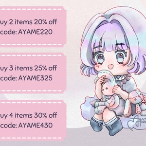 May include: A digital illustration of a cartoon character with purple hair holding a plush toy rabbit. The image includes text with discount codes for buying multiple items: Buy 2 items 20% off code: AYAME220, Buy 3 items 25% off code: AYAME325, Buy 4 items 30% off code: AYAME430.