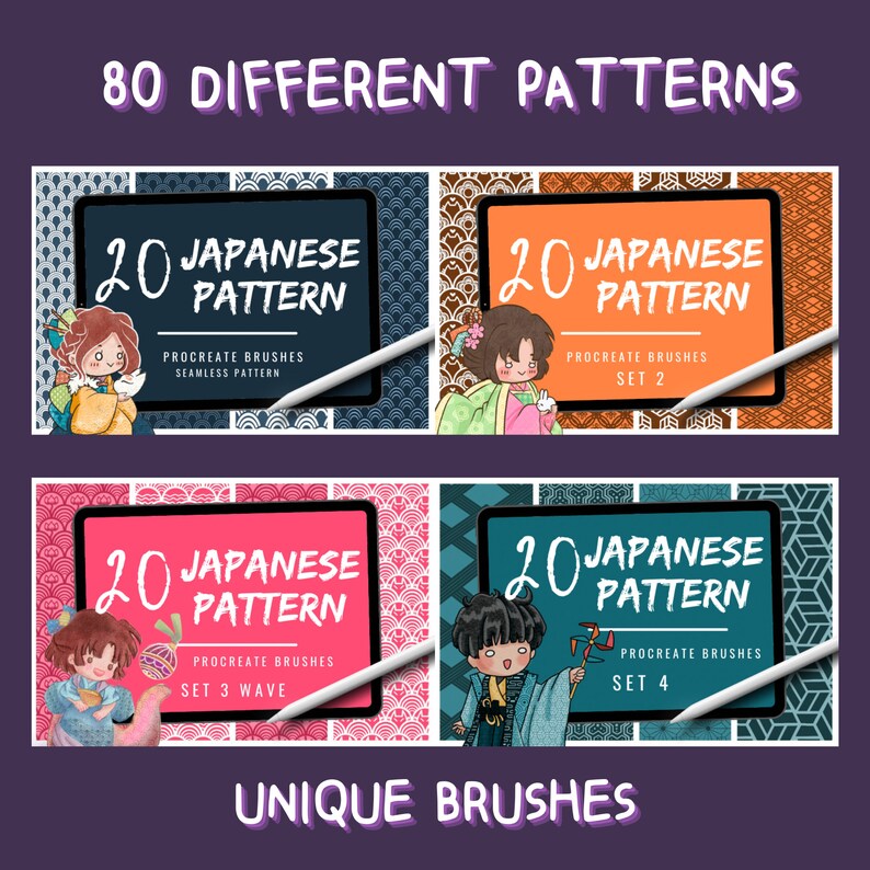 80 Japanese Pattern Procreate Brushes: Manga Pattern Brush Bundle 4 ...