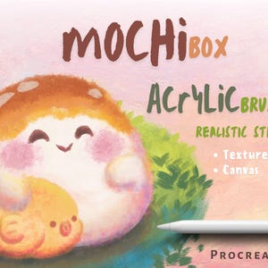 May include: A digital illustration of a cute, cartoon mochi character with a pink and white body and a brown and orange hat. The character is holding a small, yellow fish. The image is for a set of Procreate brushes called "MochiBox Acrylic Brushes: Realistic Strokes". The brushes are designed to create realistic strokes and textures for digital art.