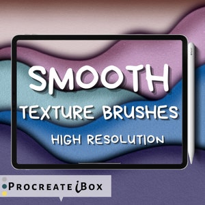 May include: A digital illustration of a tablet screen displaying the text "SMOOTH TEXTURE BRUSHES HIGH RESOLUTION" on a background of wavy, abstract shapes in shades of blue, purple, and pink. The text "PROCREATE iBOX" is visible in the bottom left corner of the image.