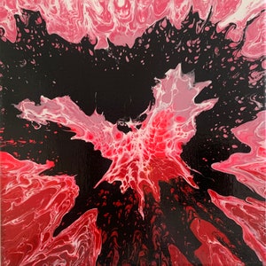 May include: Abstract painting with black, red, and white paint. The paint is swirled and layered to create a dynamic and energetic composition.