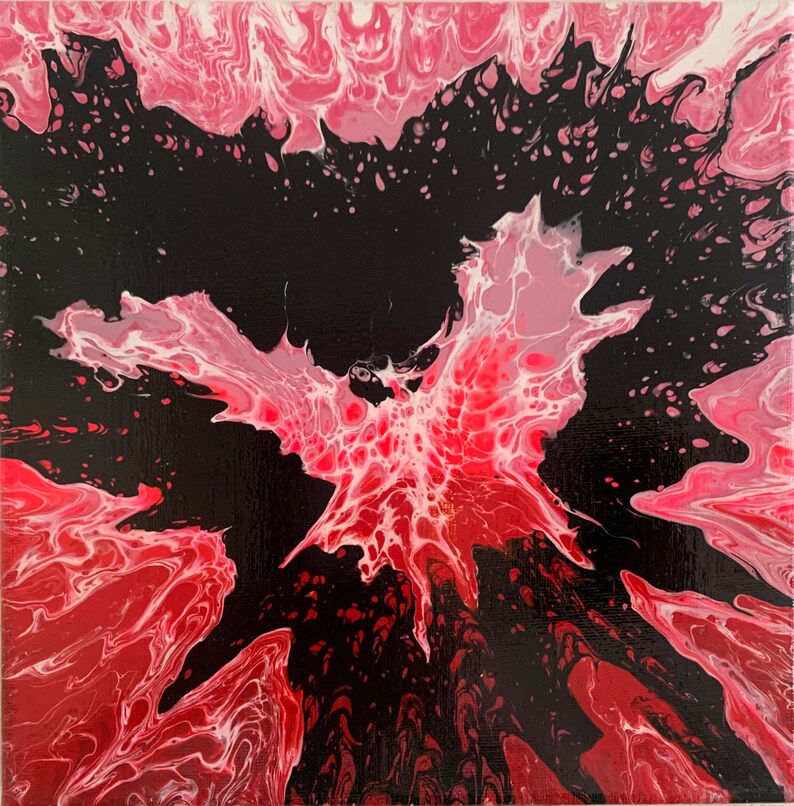 May include: Abstract painting with black, red, and white paint. The paint is swirled and layered to create a dynamic and energetic composition.