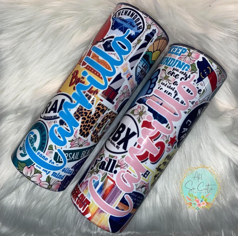 May include: Two white stainless steel tumblers with colorful stickers and the names "Carrillo" and "Carrillo" written in blue and pink lettering.