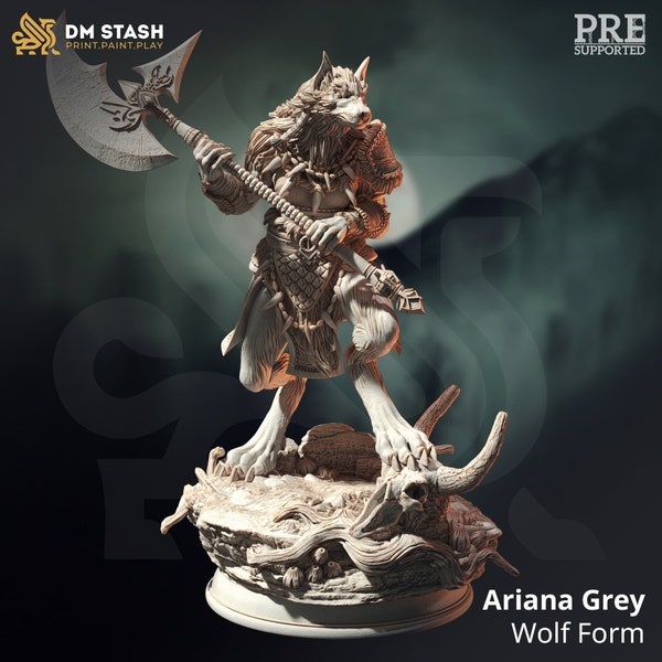 Ariana Grey in Wolf Form | 32mm / 28mm / 75mm | Ideal for Tabletop RPGs | Dungeons and Dragons - Dm Stash