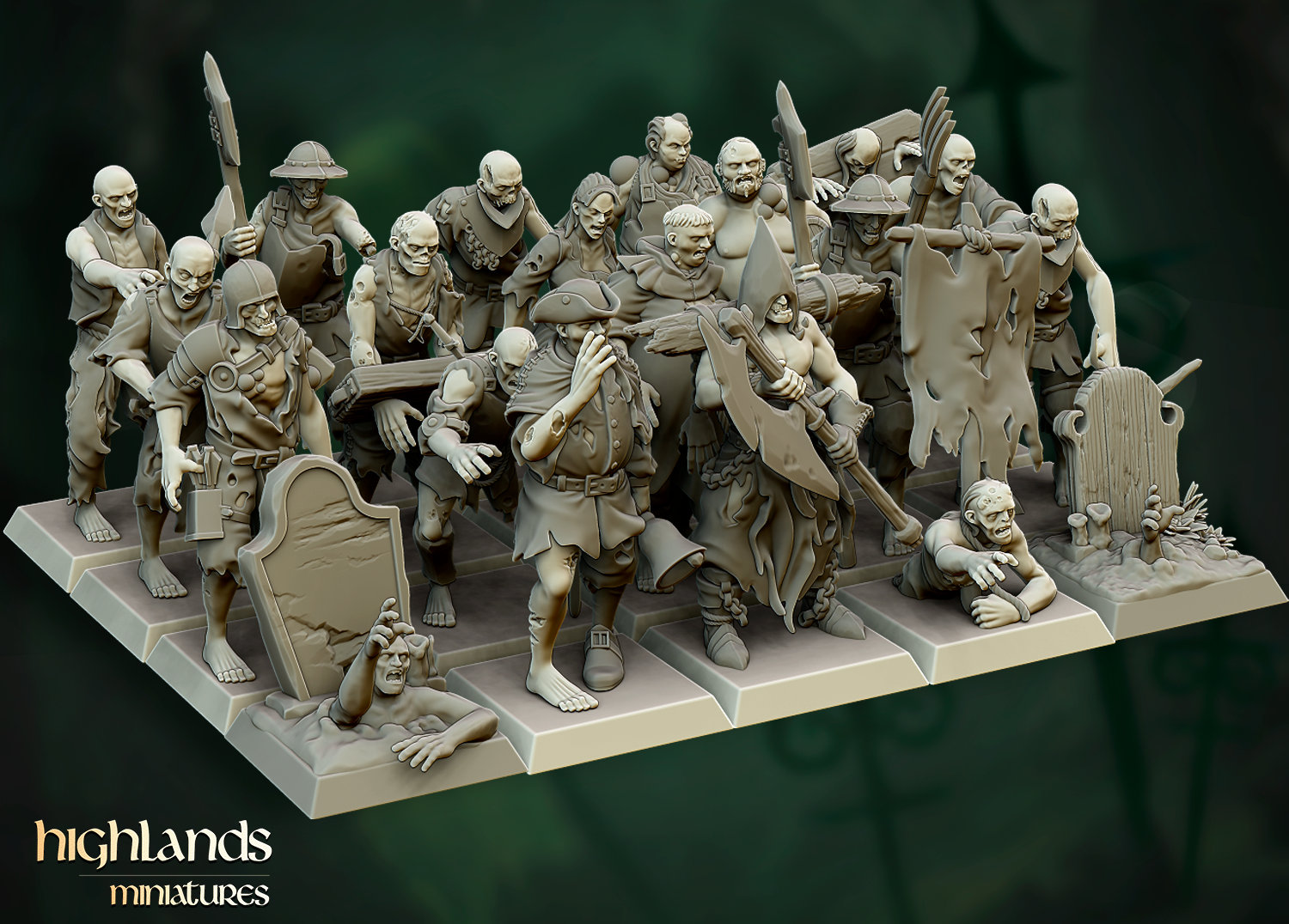Zombie Horde Miniaturen | 28-75 mm Harz Mini | 14K Resin Druck bei 20µm | Tabletop-Rollenspiel, D & D Modell | Highlands Miniaturen