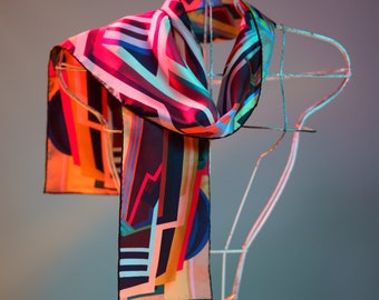 Vorticist design series, silk scarf, original design, 100% silk twill scarf with hand-rolled hem