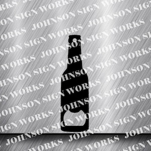 May include: A black metal bottle opener shaped like a beer bottle. The bottle opener is on a silver background with the text "Johnson Sign Works" repeated.