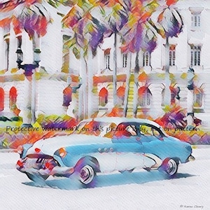Classic car and palm trees in Havana, Cuba . DMC Cross stitch pattern pdf instant download