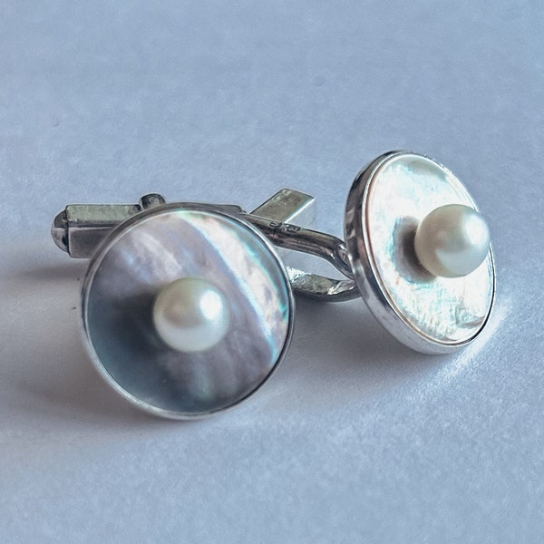 Mikimoto Abalone Mother of Pearl Akoya Pearl Cuff Links - Mens - Sterling Silver - Vintage - Estate