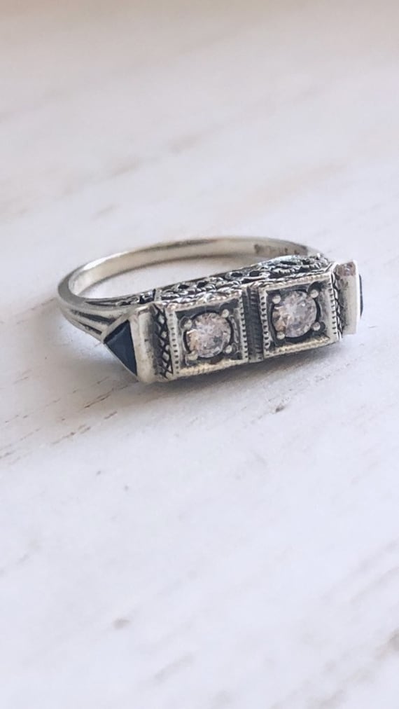 Art Deco Cubic Zirconia and Sapphire Ring With Mi… - image 1