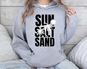 Sonne Salz Sand Unisex Hoodie | Kapuzenpullover | Trendige Strand-Shirts für alle | Palmen Hoodie Geschenk | Trendiges Strand-Sweatshirt | Geschenk für Sie