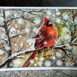 Aquarelle physique faite à la main cartes postales de célébration d’hiver / Cardinal de Noël