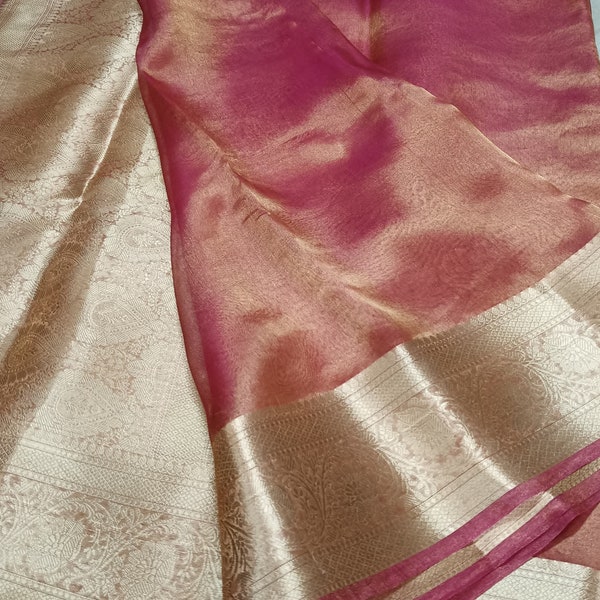 Sari indien traditionnel rose Rani Banarasi doux en pur tissu de soie avec bordure zari dorée | Saree en tissu Banarasi | Soie douce Banarasi