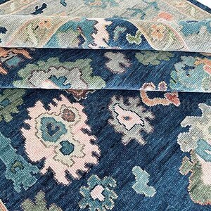 Handknotted Navy Blue Oushak Rug 8x10, Green Pink Wool Area Rug, Large Turkish Floral Carpet 9x12, Traditional Handmade Rug for Living Room