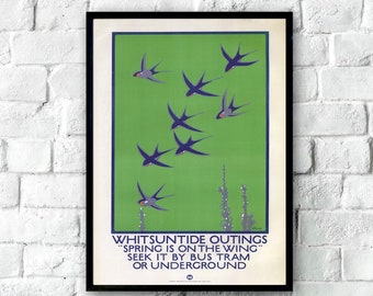 London Underground Whitsuntide Outings, 1921 Vintage Travel Poster, London Travel Poster, Afdrukbare Reis Poster, Reizen Wall Art, 4 Maten