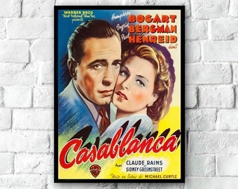 Casablanca Movie Poster, Vintage Movie Poster Print, Vintage Film Art, Classic Movie Art, Classic Movie Poster, Retro Movie Poster, 4 Sizes