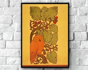 Antique The Owl Art 1897 Print, Antique Owl Wall Art, vintage Owl Painting, Owl Décor, , Art Nouveau Animal, Chêne, Feuilles de chêne