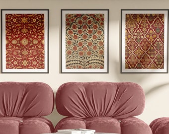 Vintage Indian Art Set of 3, Indian Floral Prints, Folk Art Wall Decor, Traditional Indian Artwork, Gallery Wall Set, Digital Download