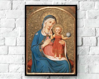 Antique Virgin and Blessing Christ Child Painting 1888, Virgin Mary Print Catholic Prints, Catholic Posters Virgin Mary and Child Madonna